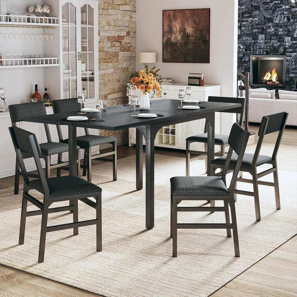 Regine Switzerland 7-Piece Dining Table Set - Extendable Kitchen Table with 6 Cushioned Chairs | Space-Saving Black Design