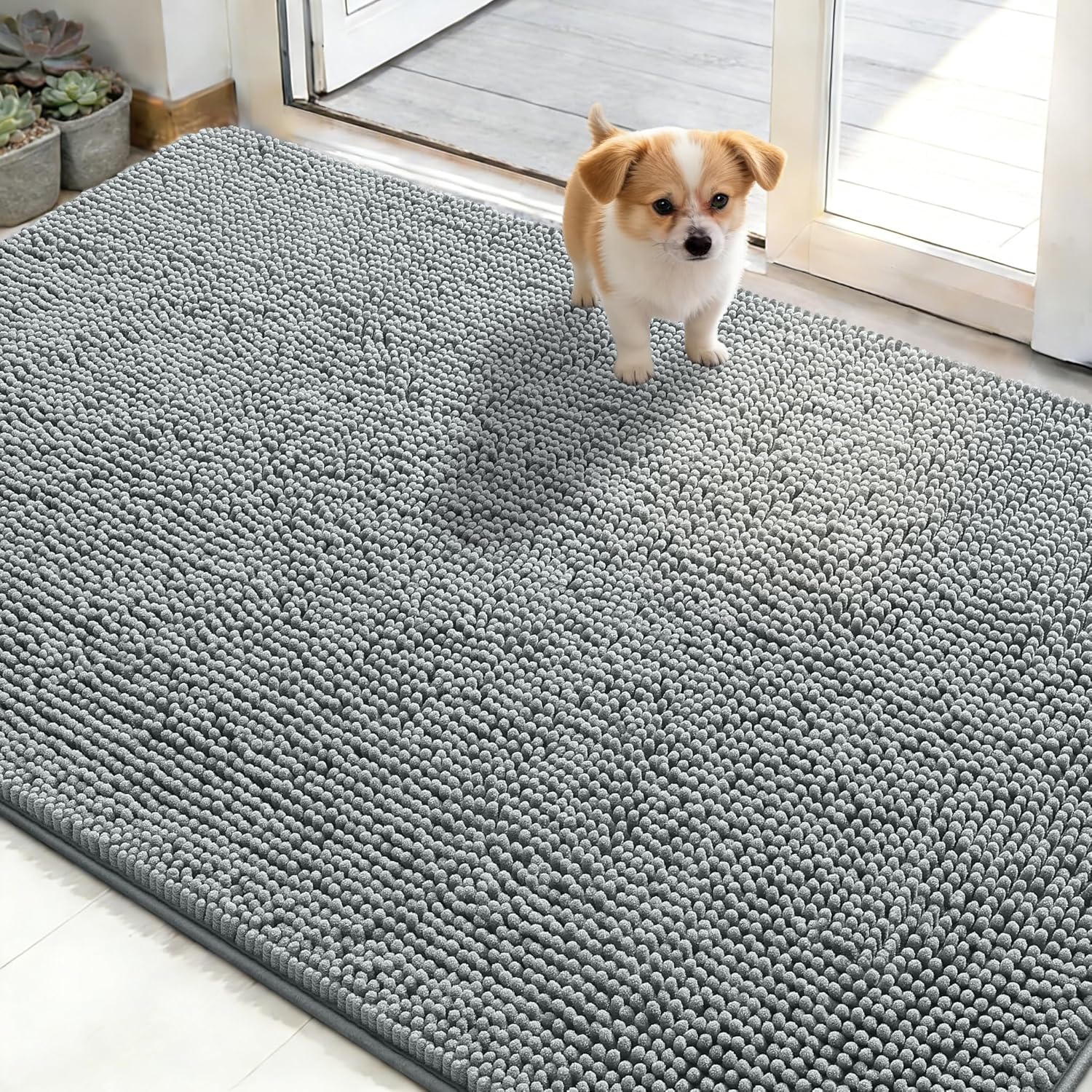 OLANLY Dog Door Mat - Absorbent Non-Slip Chenille Mat for Muddy Paws | 48x30 Grey Quick Dry Doormat