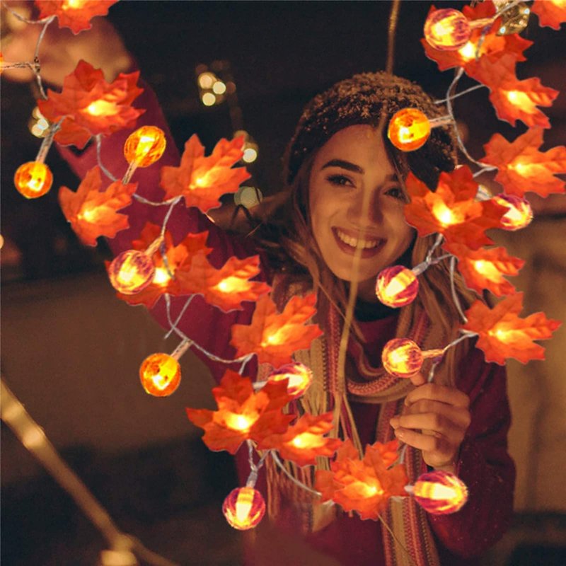LED Maple Leaf Garland with Pumpkin Lights 19.6ft Fall Thanksgiving Decor