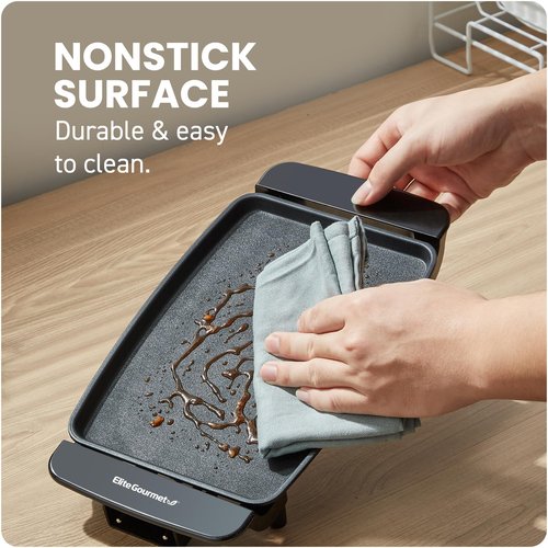 Elite Gourmet EGR8152 Electric 9.75" x 7" Personal Compact Griddle, Cool-touch Handles Non-Stick Surface, Removable/Adjustable Thermostat, Black