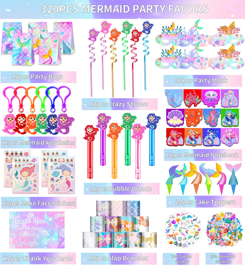 Rinfoeti 320PCS Mermaid Party Favors Birthday Decorations Supplies Kit with Goodie Bags, Bubble Wands, Straws, Masks, Stickers & More for 12 Guests