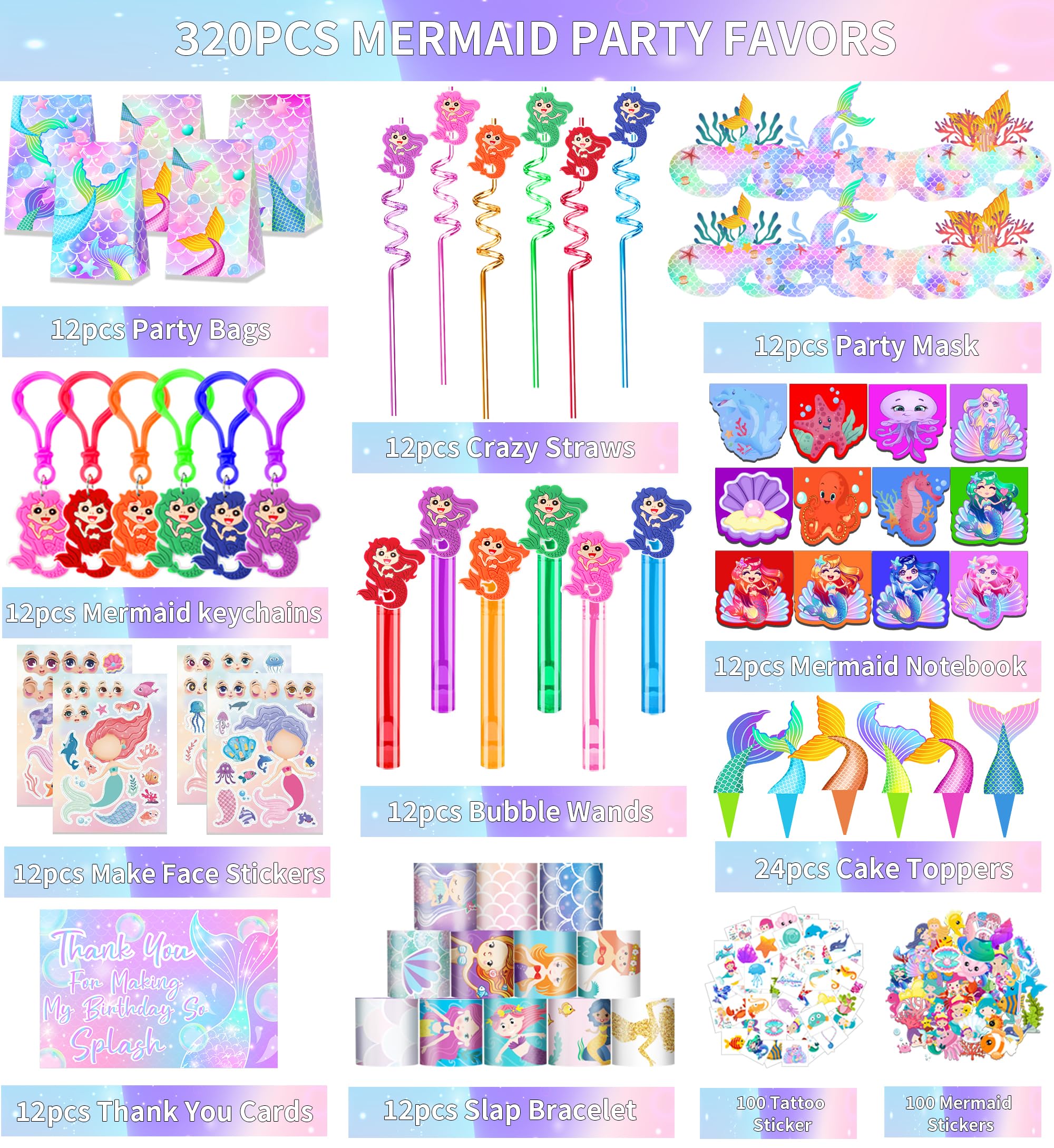 Rinfoeti 320PCS Mermaid Party Favors Birthday Decorations Supplies Kit with Goodie Bags, Bubble Wands, Straws, Masks, Stickers & More for 12 Guests