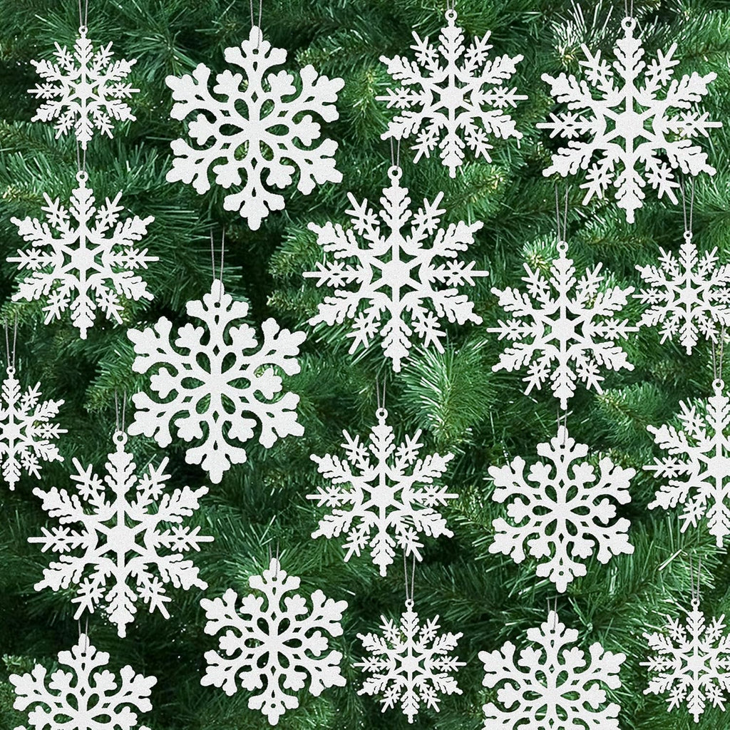 Skiennix 24PCS Snowflake Ornaments - Glittering White Plastic Tree Decorations for Winter Wonderland Decor