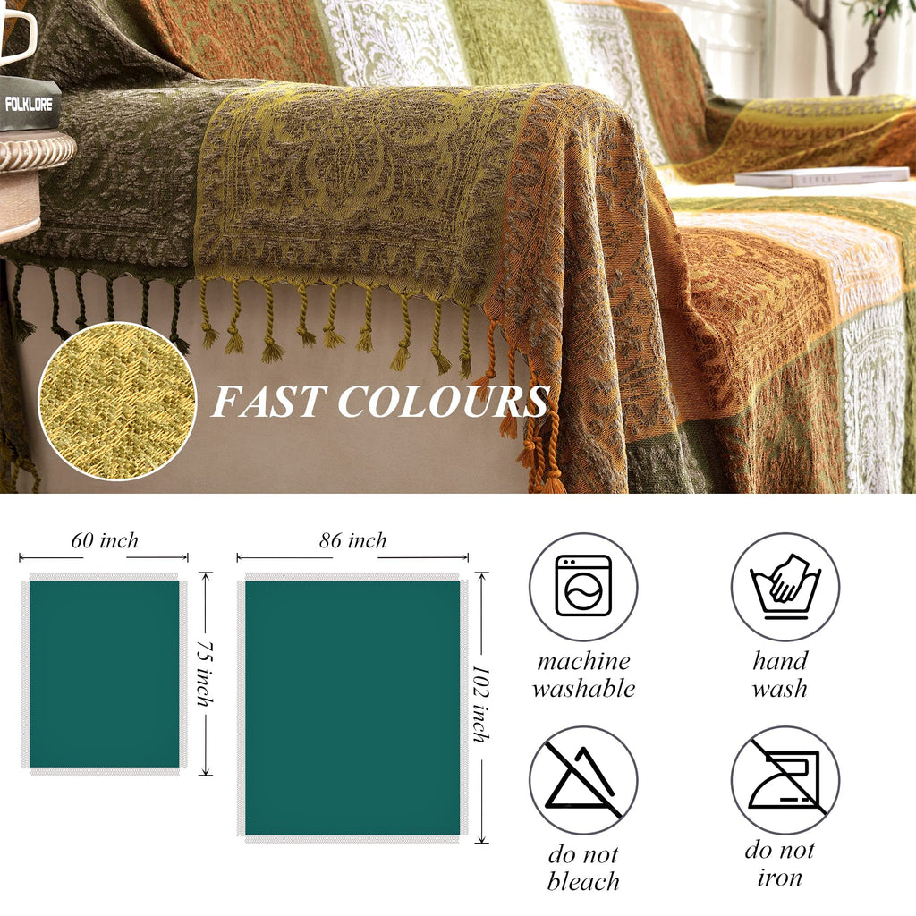 Bofree Boho Couch Cover - Hippie Chenille Jacquard Bohemian Chair Couch Sofa and Bed Furniture Cover with Colorful Tribal Pattern (Green, 87" x 102")