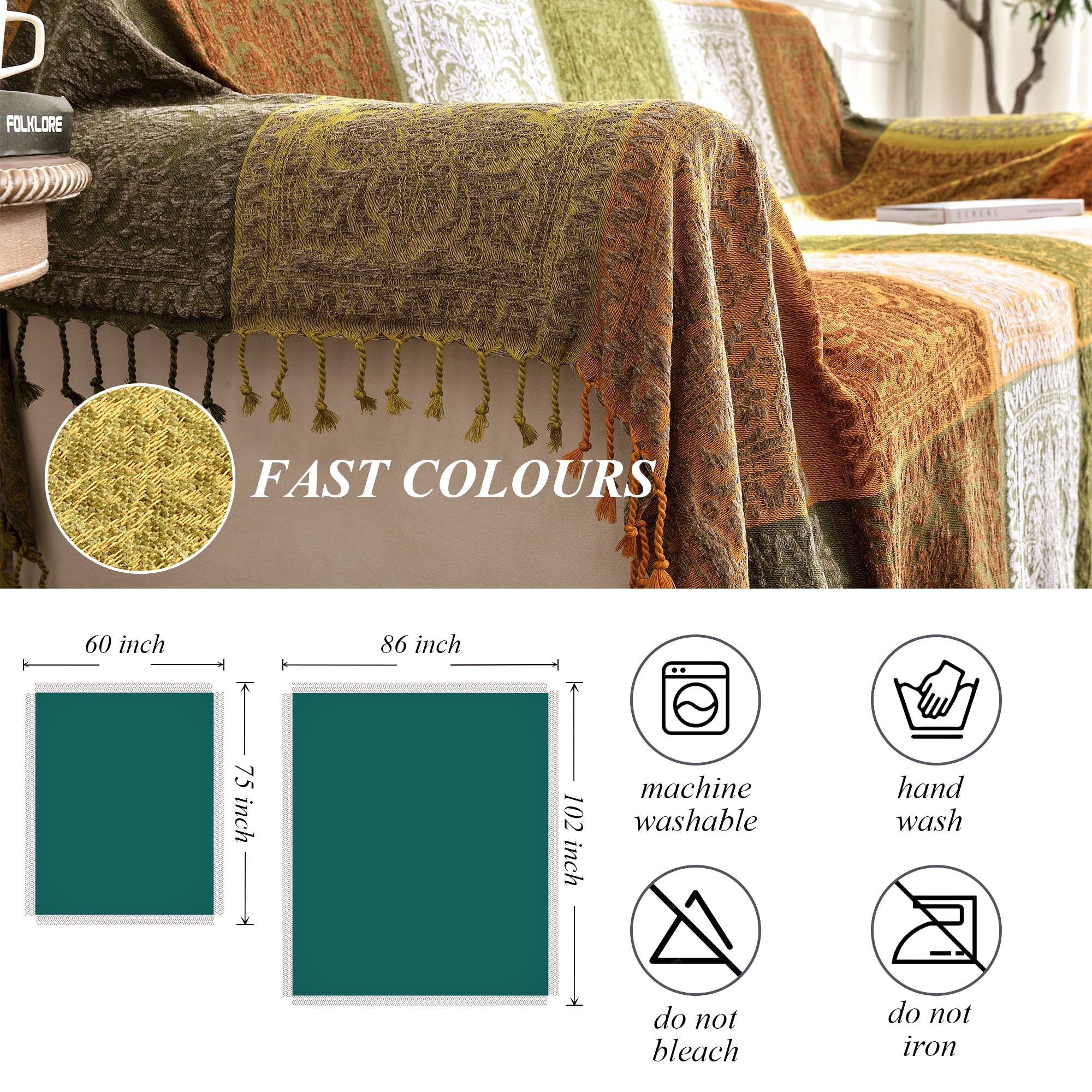 Bofree Boho Couch Cover - Hippie Chenille Jacquard Bohemian Chair Couch Sofa and Bed Furniture Cover with Colorful Tribal Pattern (Green, 87" x 102")