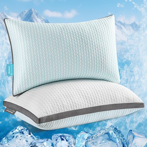 Baskbed Cooling Pillows Queen Size Set of 2, Shredded Memory Foam Pillows 2 Pack, Bed Pillow for Hot Sleepers Adjustable Firm Pillow for Side, Back and Stomach Sleepers, Machine Washable