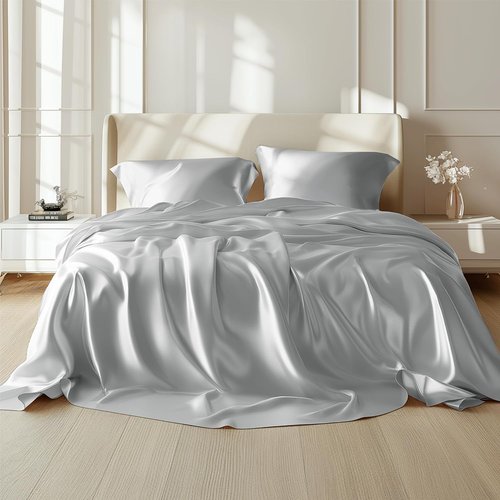 Bedsure Satin Sheets - Luxurious Silver Grey Bundle with Comforter & Duvet Insert - Soft & Elegant