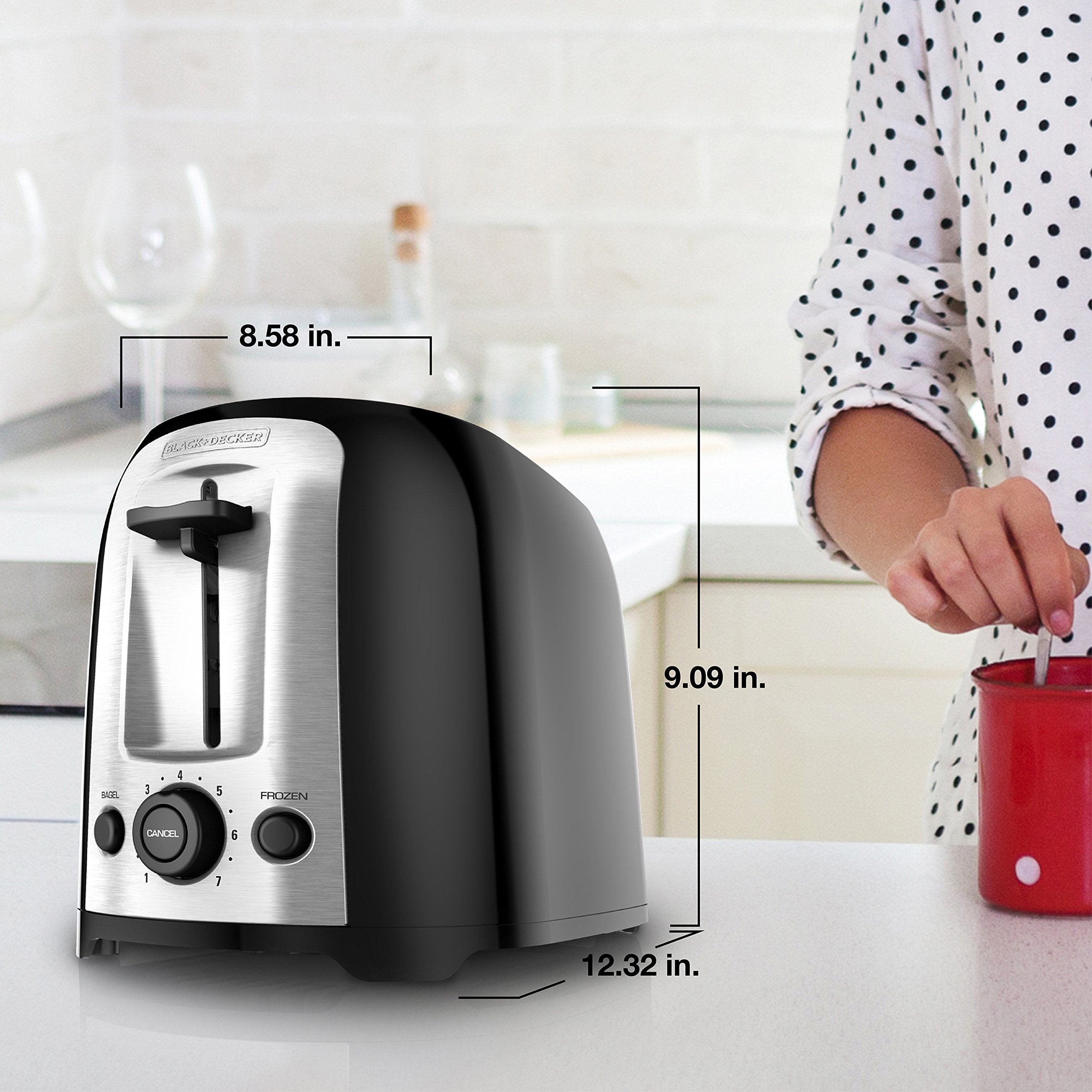 BLACK+DECKER 2-Slice Toaster, TR1278BD, Extra Wide Slots, 7 Shade Settings, 850 Watts, Frozen and Bagel Buttons