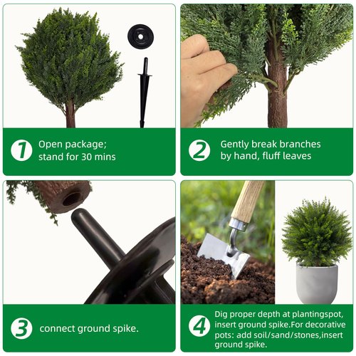 NSOPB 24.5 Inch (H) Artificial Cedar Topiary Ball Trees, Set of 4 Fake Shrub Bushes with Ground Spike, UV Resistant Faux Cypress Greenery Decor for Outdoor Garden, Patio, Front Porch, and Indoor Use