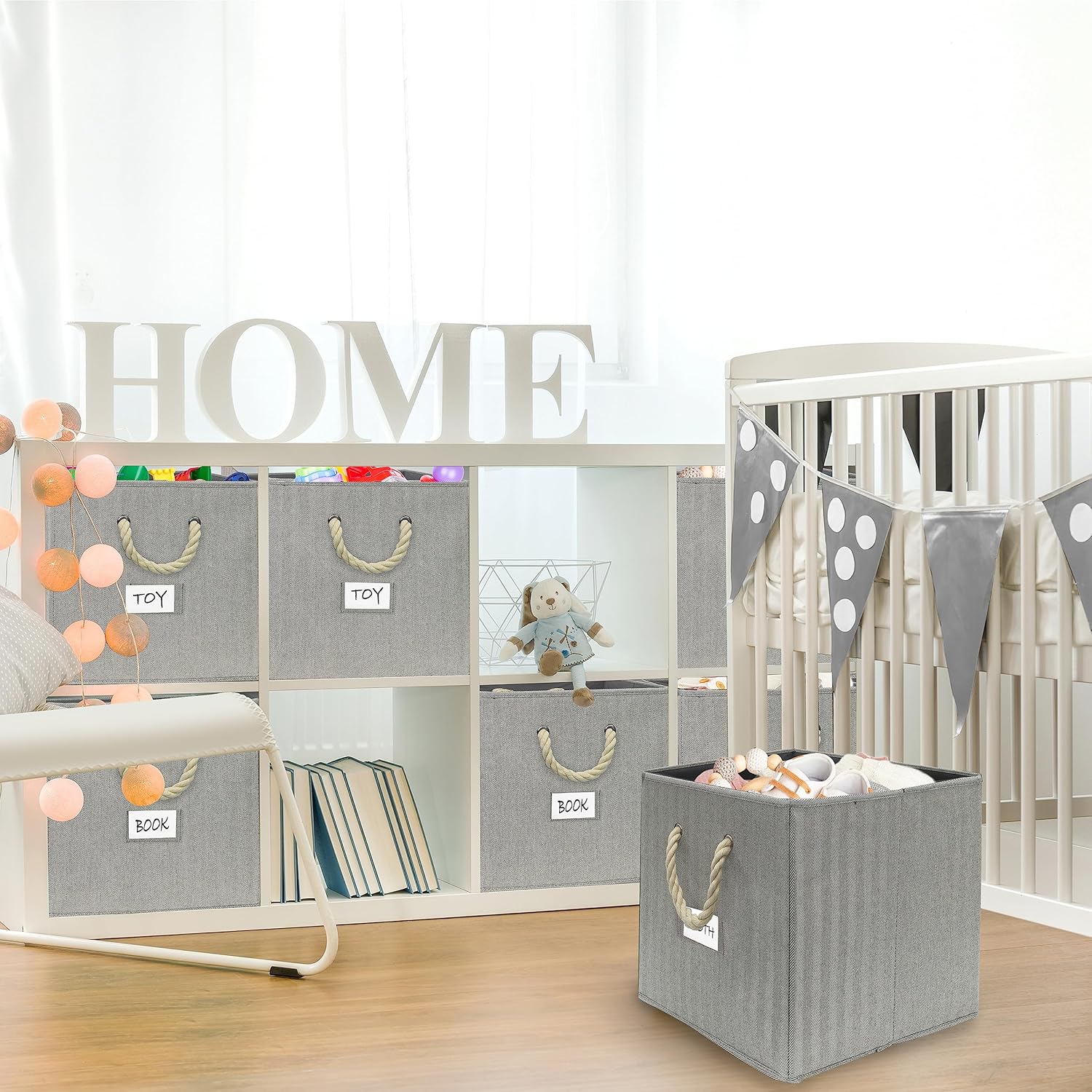 Simple Houseware 13-Inch Cube Storage Bins - Stylish Gray Bins with Braided Handles | 3 Pack