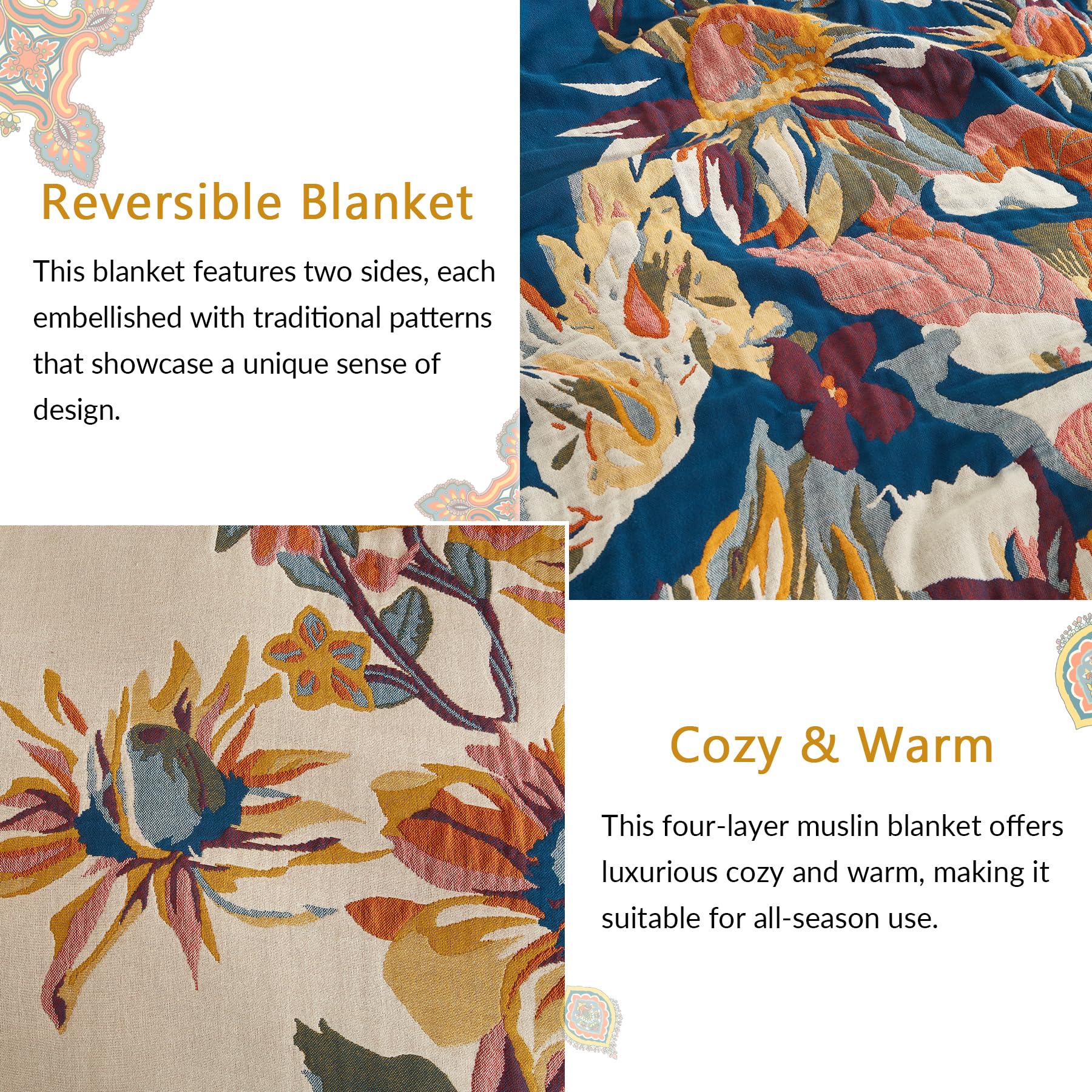 Bailix Boho Throw Blanket for Couch Sofa Bed, 100% Cotton Woven Quilt with Tassel 60”x80”, Super Soft Muslin Blanket with Floral Printed, Decorative Reversible Bed Blanket/Cover for All Seasons