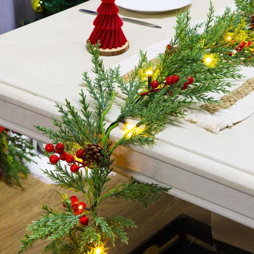 Lulu Home 9FT Pre-lit Christmas Garland, 30 LEDs Xmas Lighted Garland with Pinecones Red Berries, Battery Operated Garland with Timer for Fireplace Balcony Railing Fence Decoration