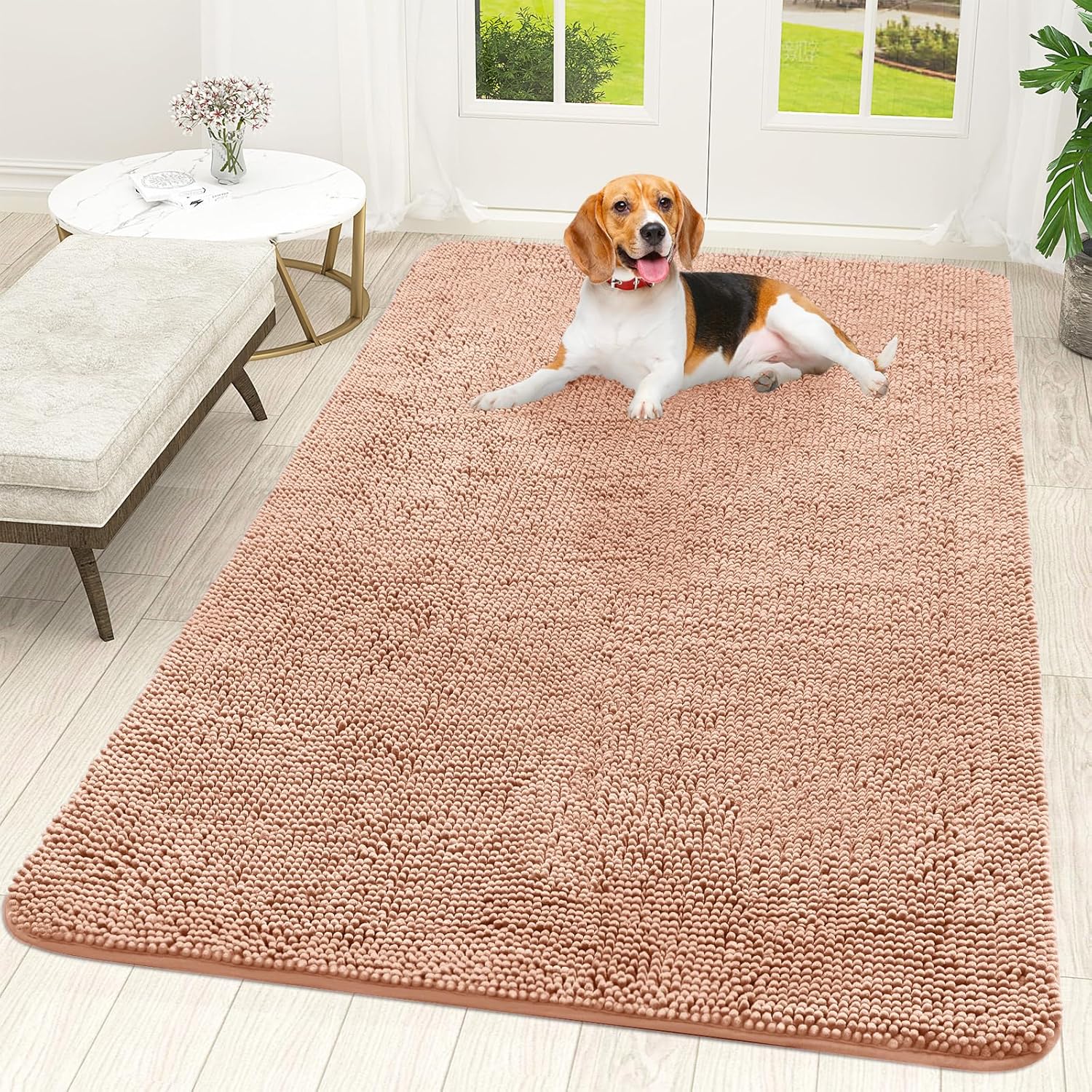 OLANLY Dog Door Mat - Absorbent Non-Slip Mud Mat for Muddy Paws | Quick Dry Chenille 59x35, Peach