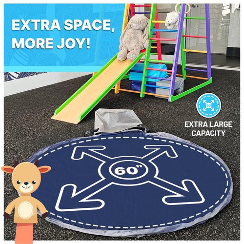 Portable Toy Storage Basket & Play Mat with Pocket Label - 9.3 Gallon Toy Organizer - Leather Handles, 60" Playmat - Toy Bag for Boys & Girls, Playroom, Grey