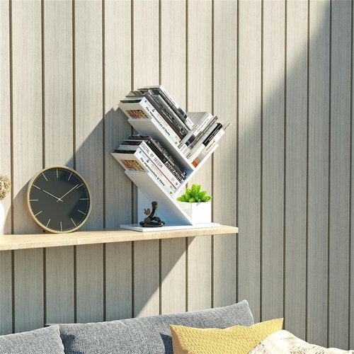 R RUISHENG 3 Tier Small Tree Bookshelf Storage Organizer Shelves Floor Standing Bookcase Desk Wood Storage Rack for Home Office Living Room Bedroom Display for Book Magazine CD manga Warm White