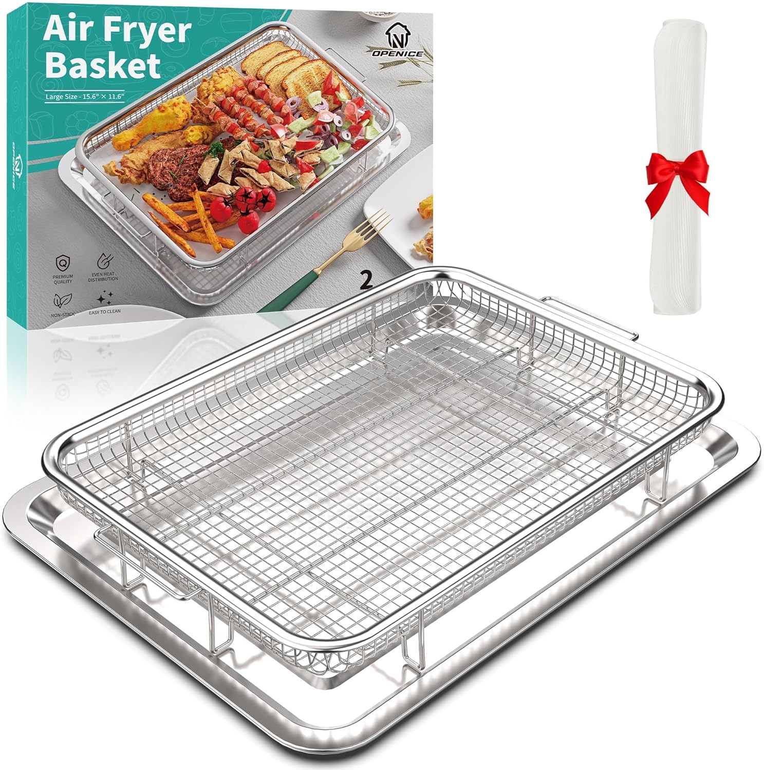 OPENICE Large Air Fryer Basket - 15.3" x 11.0" Stainless Steel Tray with 30 Parchment Papers for Baking & Grilling