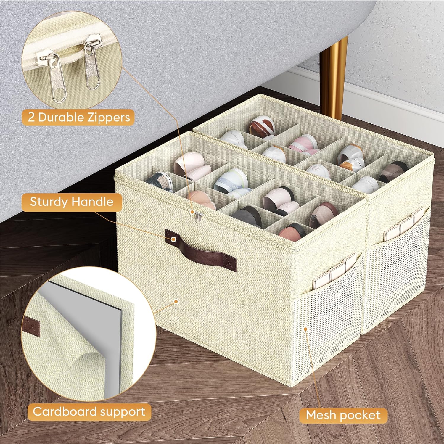 Skiennix 90L Under Bed Storage Containers - Foldable Closet Organizers with Adjustable Dividers | 2-Pack Clear Bins