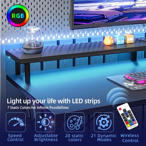 TIQLAB Gaming Desk with Power Outlets & LED 40 Inch Ergonomic Computer Carbon Fiber Surface Gamer Desk, Large Monitor Stand, Headphone Hook, PC Workstation for Bedroom, Black