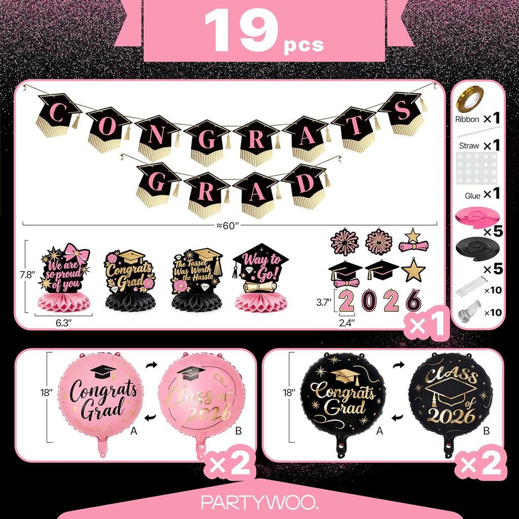 PartyWoo Graduation Decorations - Class of 2026 Black, Gold & Pink 19-Piece Set with Congrats Banner & Balloons