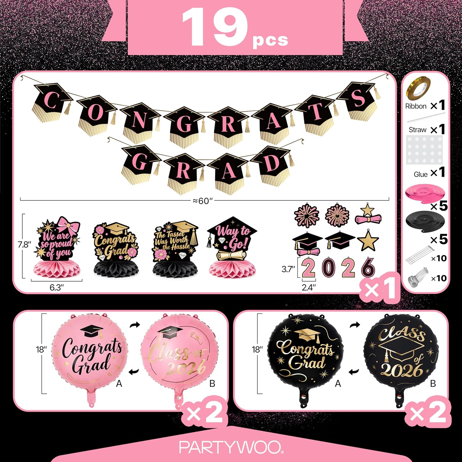 PartyWoo Graduation Decorations - Class of 2026 Black, Gold & Pink 19-Piece Set with Congrats Banner & Balloons