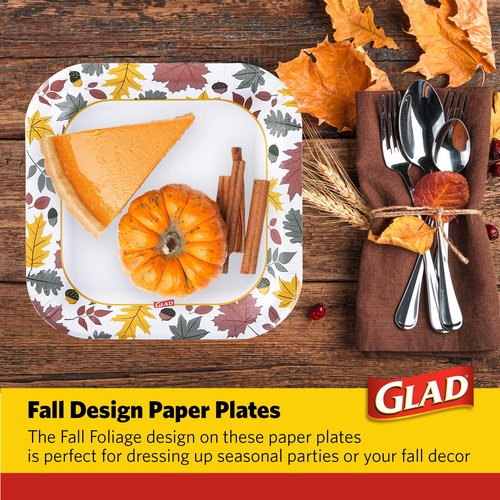 Glad Square Disposable Paper Plates, Falling Foliage Pattern - Strong, Sturdy, Soak Proof, and Microwavable Decorative Plates for Dinner and Everyday Use, 10 Inch, 50 Count