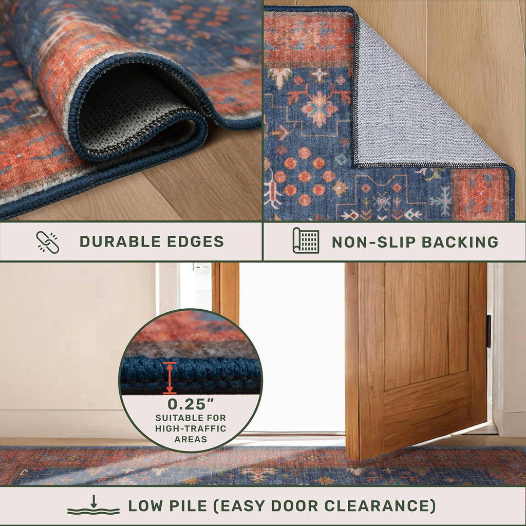 Regine Switzerland Washable 4x6 Area Rug - Stain Resistant Non-Slip Design for Living Room & Kitchen (Navy Blue)