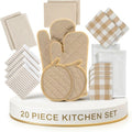 LANE LINEN 20-Piece Kitchen Dish Cloths Set - 100% Cotton, Heat-Resistant Mittens & Pot Holder, Absorbent Beige Towels