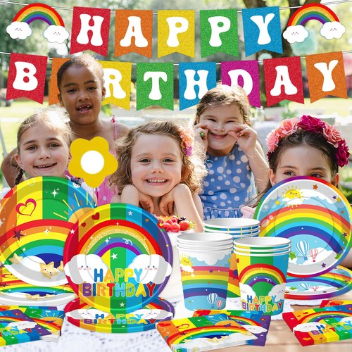 Rainbow Birthday Party Supplies Rainbow Theme Party Decorations for Boy, Include Tablecloth Banner Plate Napkin Cups