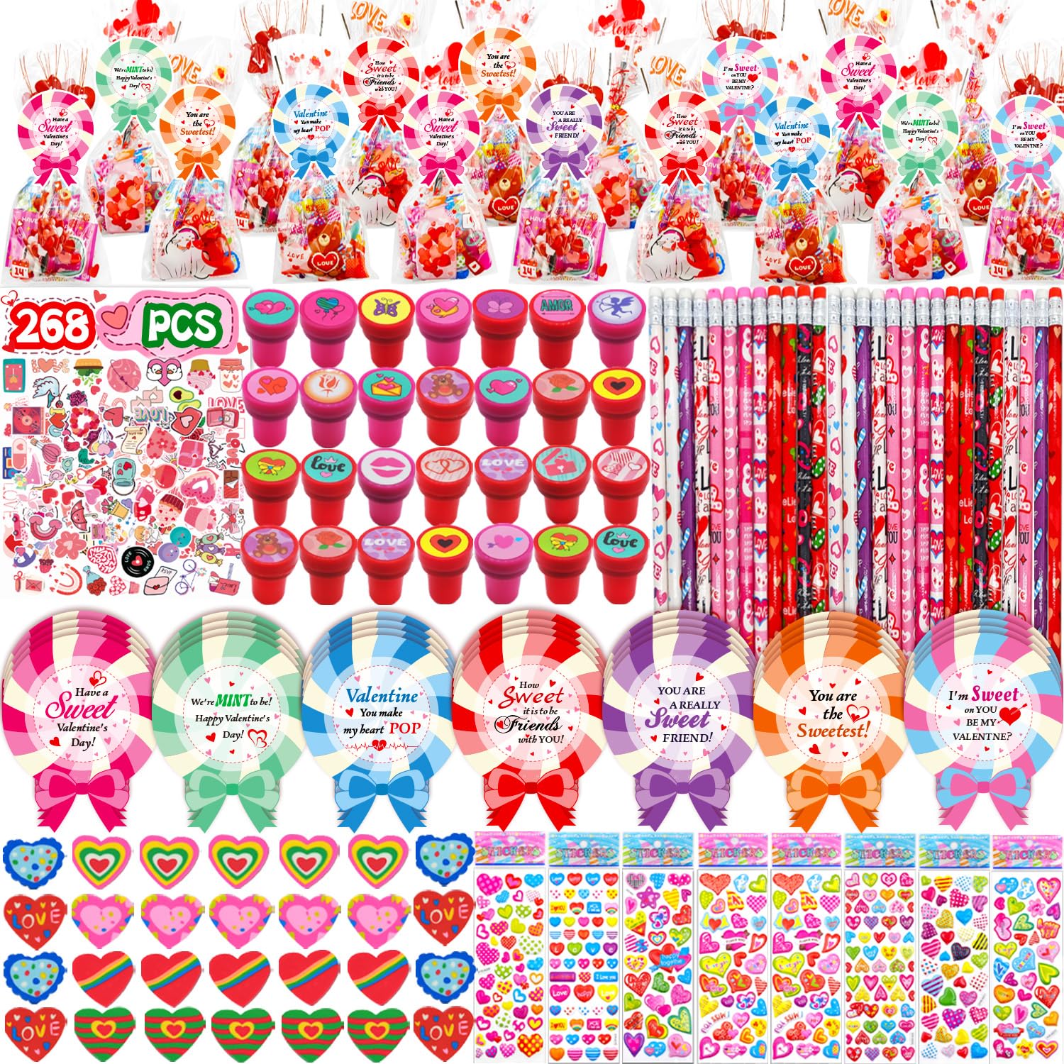 uscan 268pcs Valentines classroom gifts, valentine for class valentines day gifts cards bulk valentine gifts for kid classroom school valentines party favors goodie bags exchange treats for kid