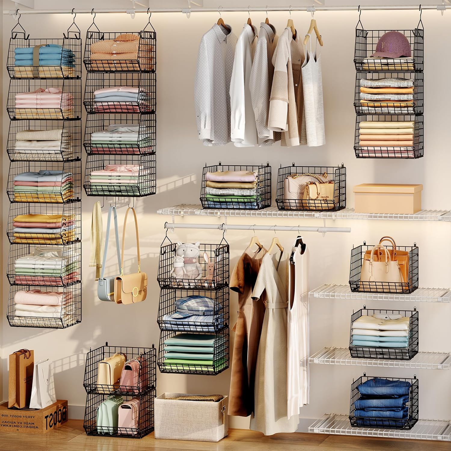 X-cosrack 7-Tier Foldable Closet Organizer - Wire Shelving with Hooks for Clothes & Accessories