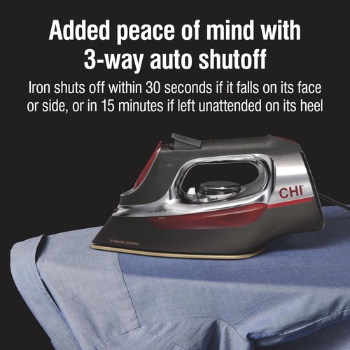 CHI Steam Iron for Clothes with 8’ Retractable Cord, 1700 Watts, 3-Way Auto Shutoff, 400+ Holes, Professional Grade, Temperature Control Dial, Titanium Infused Ceramic Soleplate, Silver (13106)