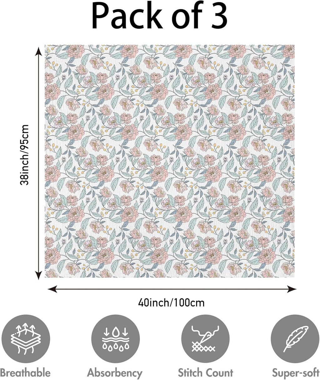 Skiennix Muslin Swaddle Blankets - 3 Pack Breathable Soft Receiving Blankets | Large 38 x 40 Inches, Cute Flower Design