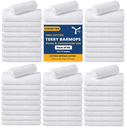 YRALY Terry Bar Mop Towels (Pack of 60) – Absorbent and Quick Drying Commercial-Grade Cotton Cleaning Towels, Cleaning Rags for Kitchen, Bar – Reusable Shop Rags 14”x17” White