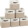 FinishingBo Cube Storage Baskets - 6 Pack 11x11 Inch Bins with Leather Handles for Closet | White & Khaki