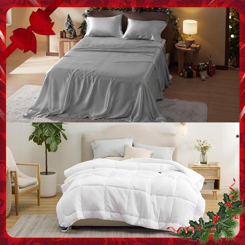 Bedsure Satin Sheets - Luxurious Silver Grey Bundle with Comforter & Duvet Insert - Soft & Elegant