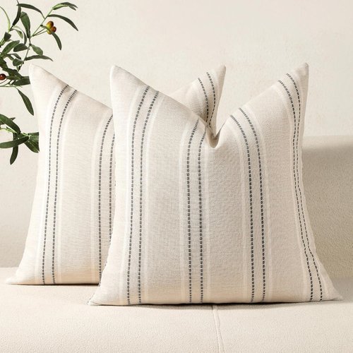 Hckot Throw Pillow Covers - Set of 2 Decorative Striped Linen Cushions | 20x20 Inches, Grey