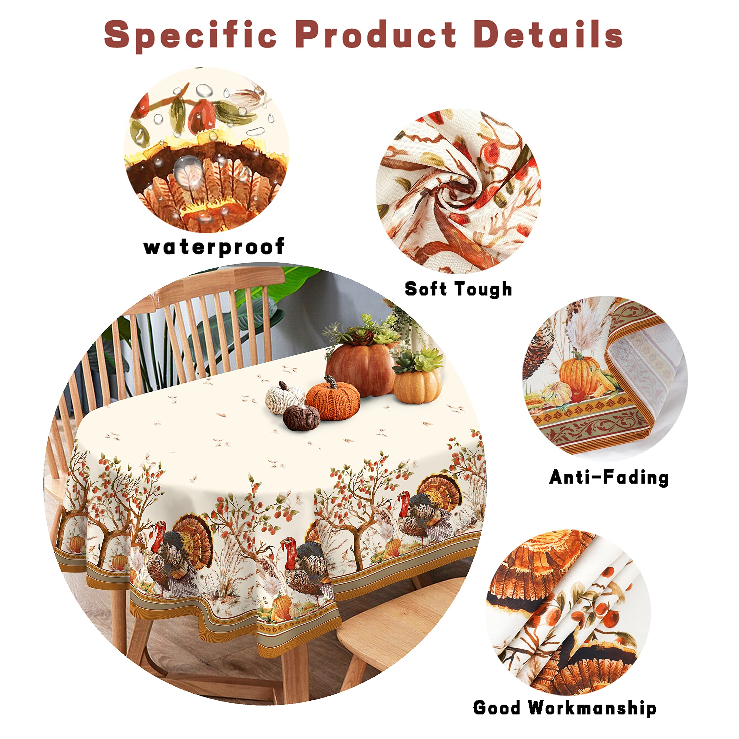 Virtumob Fall Thanksgiving Double Border Decoration Tablecloth, Turkey & Pumpkin Harvest Tablecloths, Waterproof Table Cover for Dinner Kitchen Party Holiday Decorations Oval 60 x 84 Inch