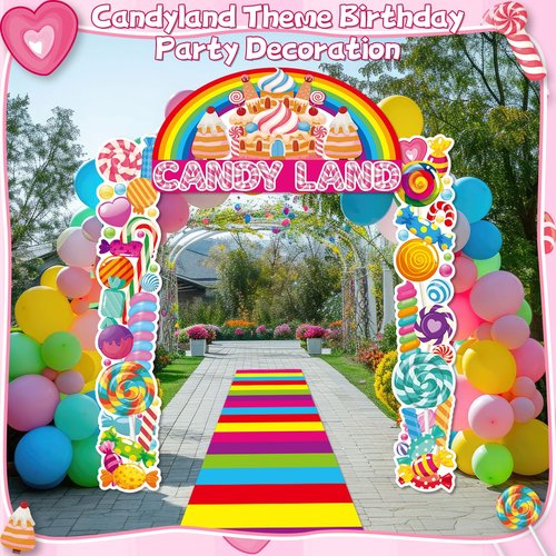 4Pcs Sweet Candyland Party Decorations Candy Door Covers Candyland Hanging Banner Backdrop Candy Land Store Porch Sign Colorful Runner Rug Background Photo Prop for Baby Shower Birthday Party Supplies
