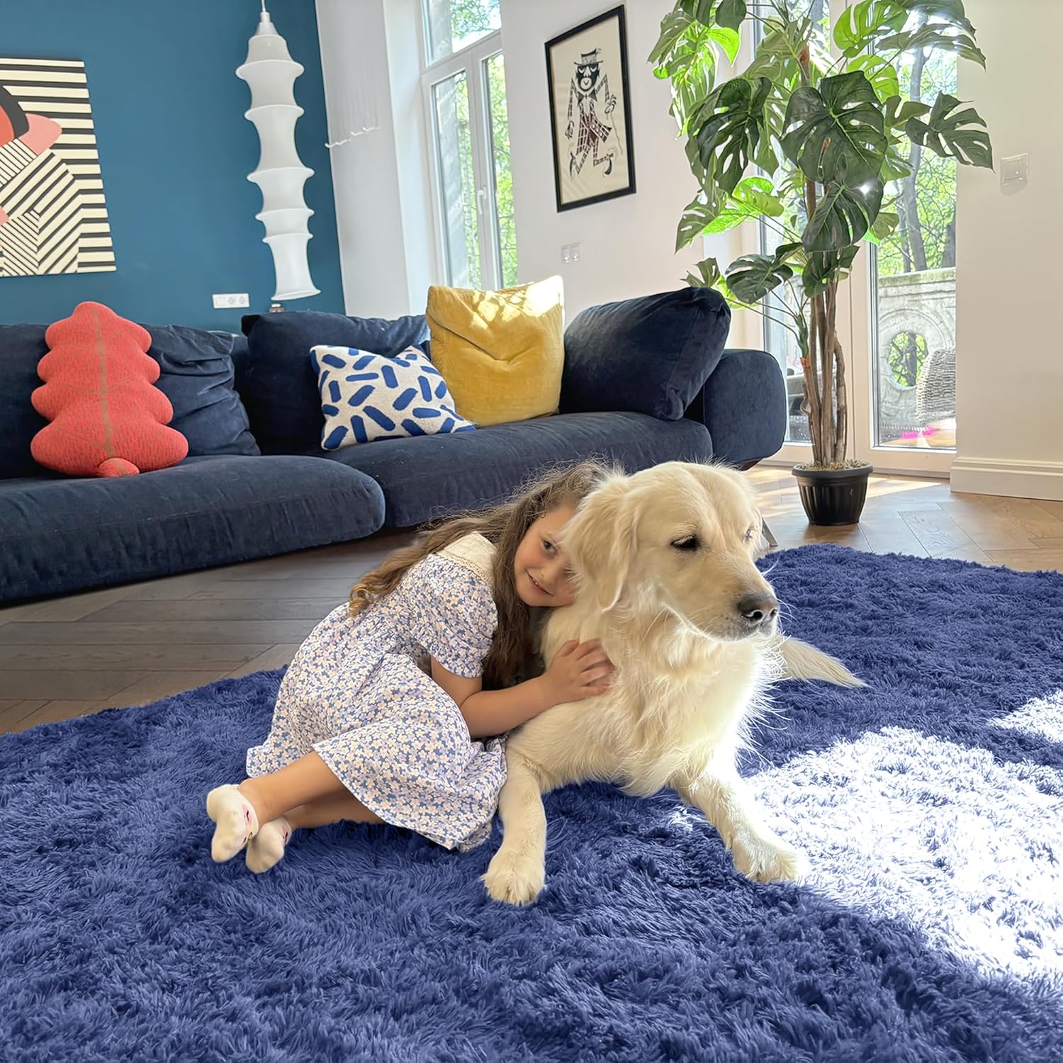 OLANLY Soft Fluffy Shaggy Bedside Rug - Machine Washable Indoor Carpet for Kids | Denim Blue, 2x3 ft