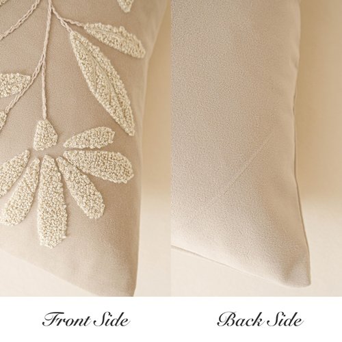 BlissBlush 12x20 Lumbar Pillow Cover, Rectangular Neutral Beige Decorative Throw Pillowcase for Couch Sofa, Embroidered Velvet Farmhouse Accent Cushion (Cover Only)