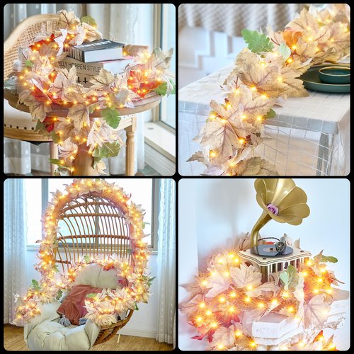 Thanksgiving Garland with Lights 9FT Plug in Thanksgiving Decorations for Home with 50 Warm Incandescent Bulbs UL Certified Connectable Lighted Fall Garland for Indoor Outdoor Harvest Decorations