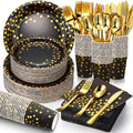 700 Pcs Black and Gold Party Supplies,Severs 100 Guests Disposable Dinnerware Kits Black Gold Paper Plates Napkins Cups Gold Plastic Forks Knives Spoons for Wedding Birthday Graduation Party