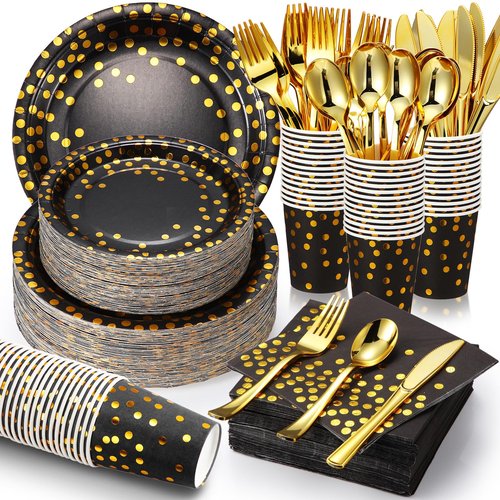 700 Pcs Black and Gold Party Supplies,Severs 100 Guests Disposable Dinnerware Kits Black Gold Paper Plates Napkins Cups Gold Plastic Forks Knives Spoons for Wedding Birthday Graduation Party