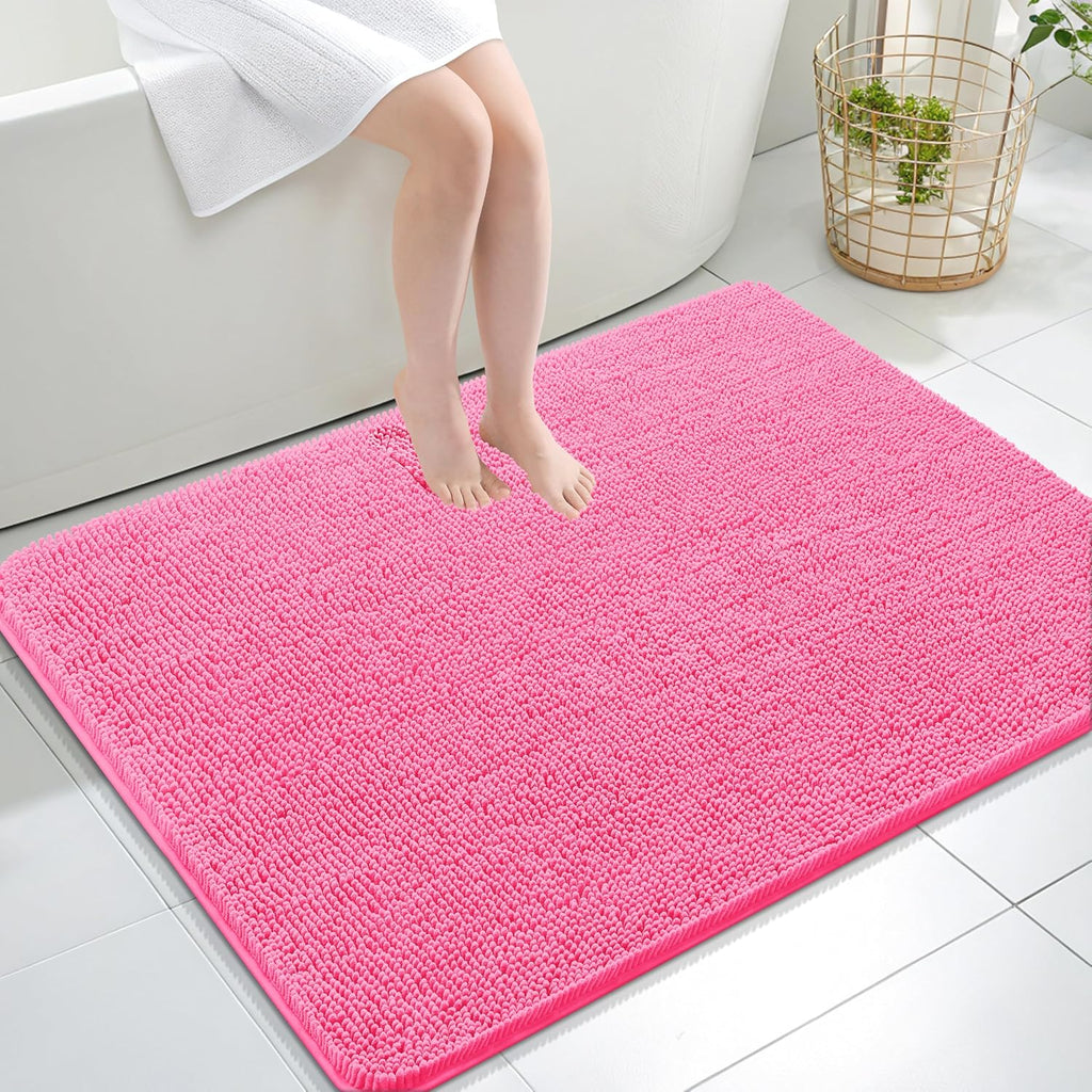 OLANLY Large Bath Rugs - Extra Soft Chenille with Rubber Backing | Quick-Dry, Machine Washable, Hot Pink 40x32