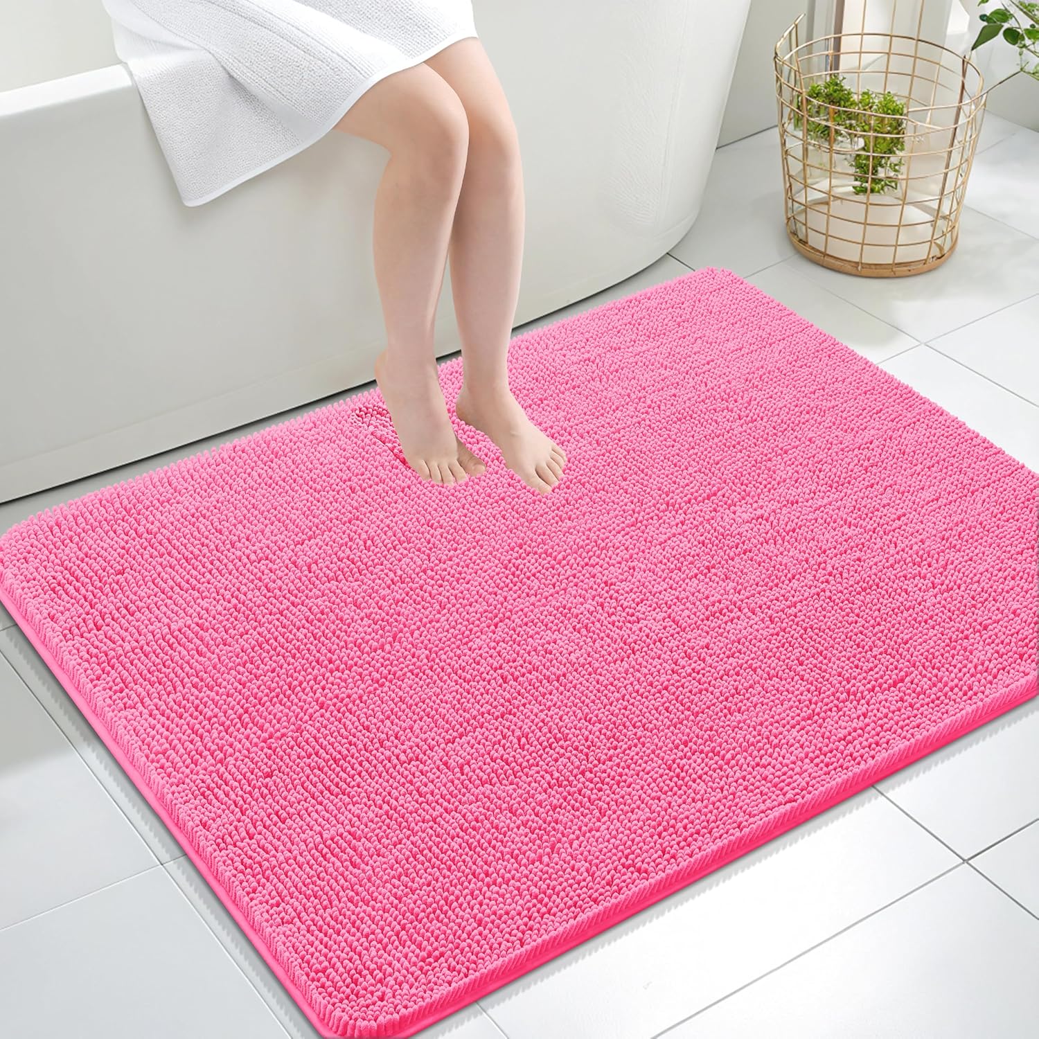 OLANLY Large Bath Rugs - Extra Soft Chenille with Rubber Backing | Quick-Dry, Machine Washable, Hot Pink 40x32