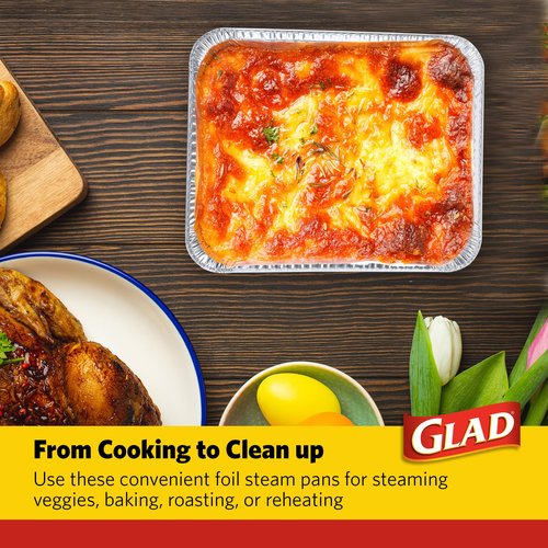 Glad Disposable Aluminum All Purpose Pans in Red, White & Blue Stars, 3ct with Lids - Printed Colorful Foil Steam Pans - 12.5” x 10.2” x 2.16” Aluminum Pan - Disposable Steamware