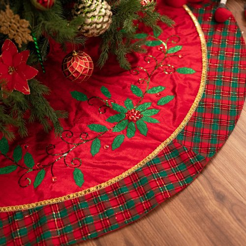 Valery Madelyn Christmas Tree Skirt for Tree Decorations, 60 Inch Traditional Red Green Gold Small Xmas Velvet Tree Skirt with Holly Leaves Pattern & Tartan Trim for Tree Merry Christmas Party Decor