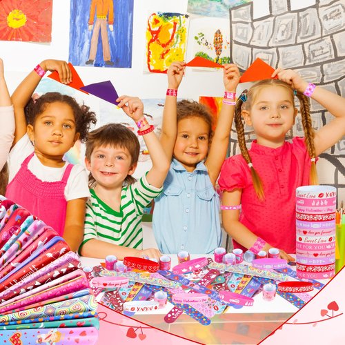 OCTERIC 64 Pcs Valentine's Day Slap Bracelets with Rubber Wristbands, Love Cute Valentine Exchange Gifts for Classroom Party Favors Valentine Decorations School Prizes