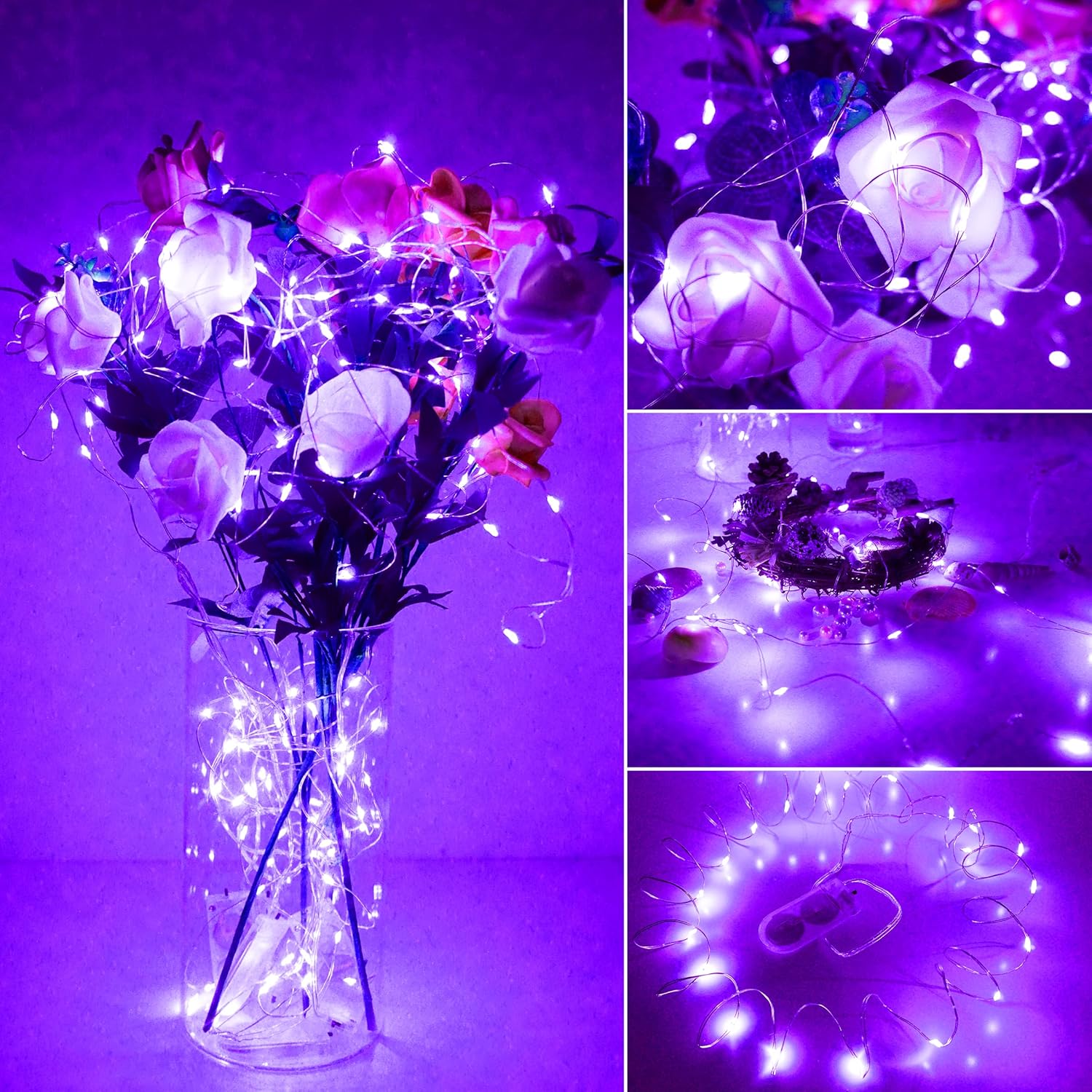 SunKite 20 LED Purple Fairy String Lights - Waterproof Battery Operated | 6.6 Feet Silver Copper Wire for DIY Decor