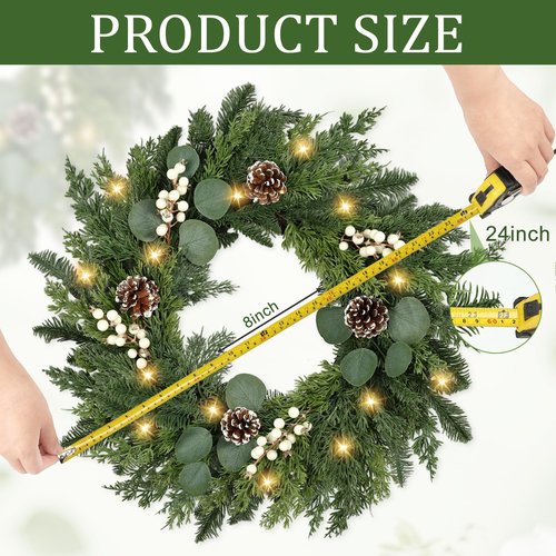 Christmas Wreath with Lights 24 Inch Real Touch Pine Wreath with White Berries/Pine Cone Prelit Christmas Wreaths for Front Door Outdoor Christmas Decorations Winter Wreath for Home Indoor Holiday
